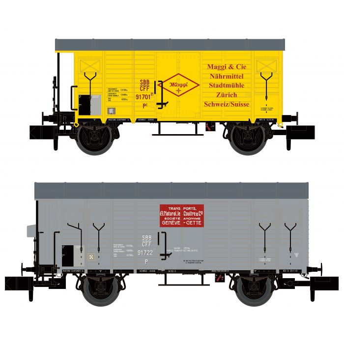 N SBB 2 gedeckte G&#252;terwagen 1x K2 Maggi, 1x K3 Le Coultre, grau Ep. III