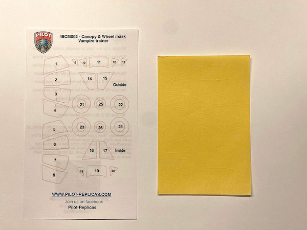 1/48  de Havilland Vampire T.1/J28 wheels and canopy frame paint mask (designed to be used with Pilo