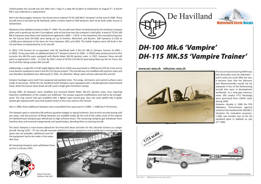 1/72 DH-100 Mk.6 Vampire DH-115 Mk.55 Vampire Trainer Swiss Decal