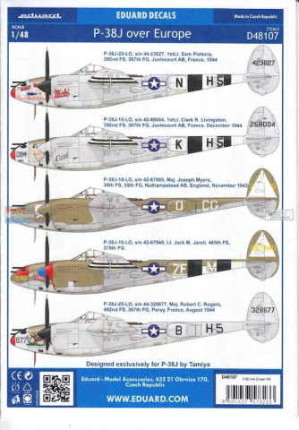 1/48 P-38J over Europe Decal